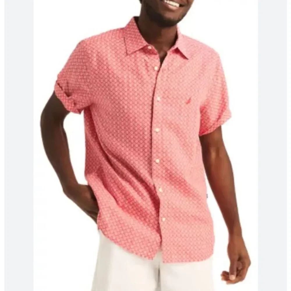 Nautica, men’s printed coral and white short sleeve linen blend shirt 3X
